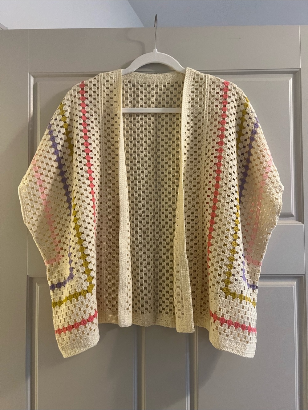 Cream Crochet Open-Front Sweater Cardigan with Pastel Stripes